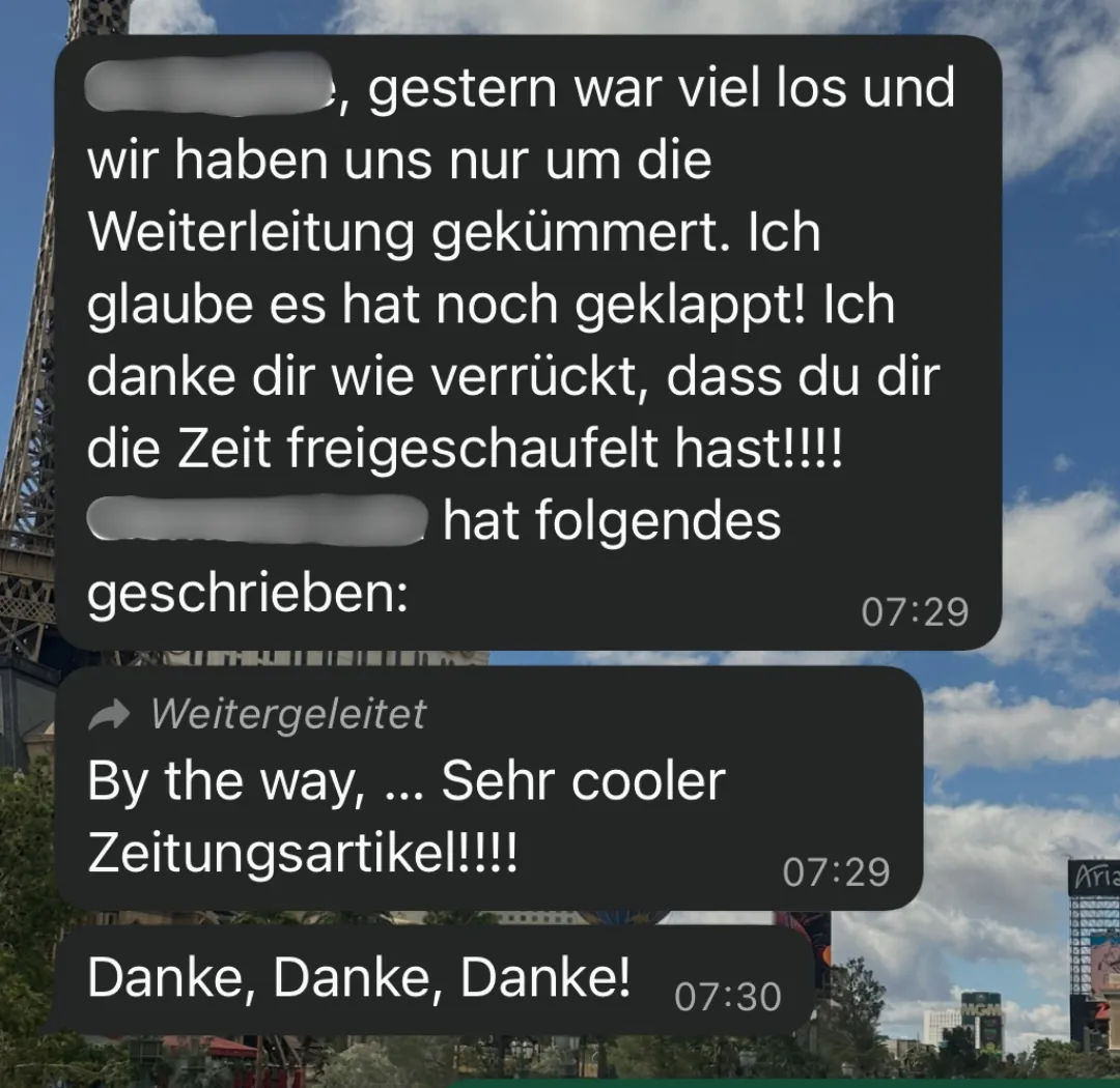 WhatsApp-Rückmeldung: Danke, Danke, Danke!